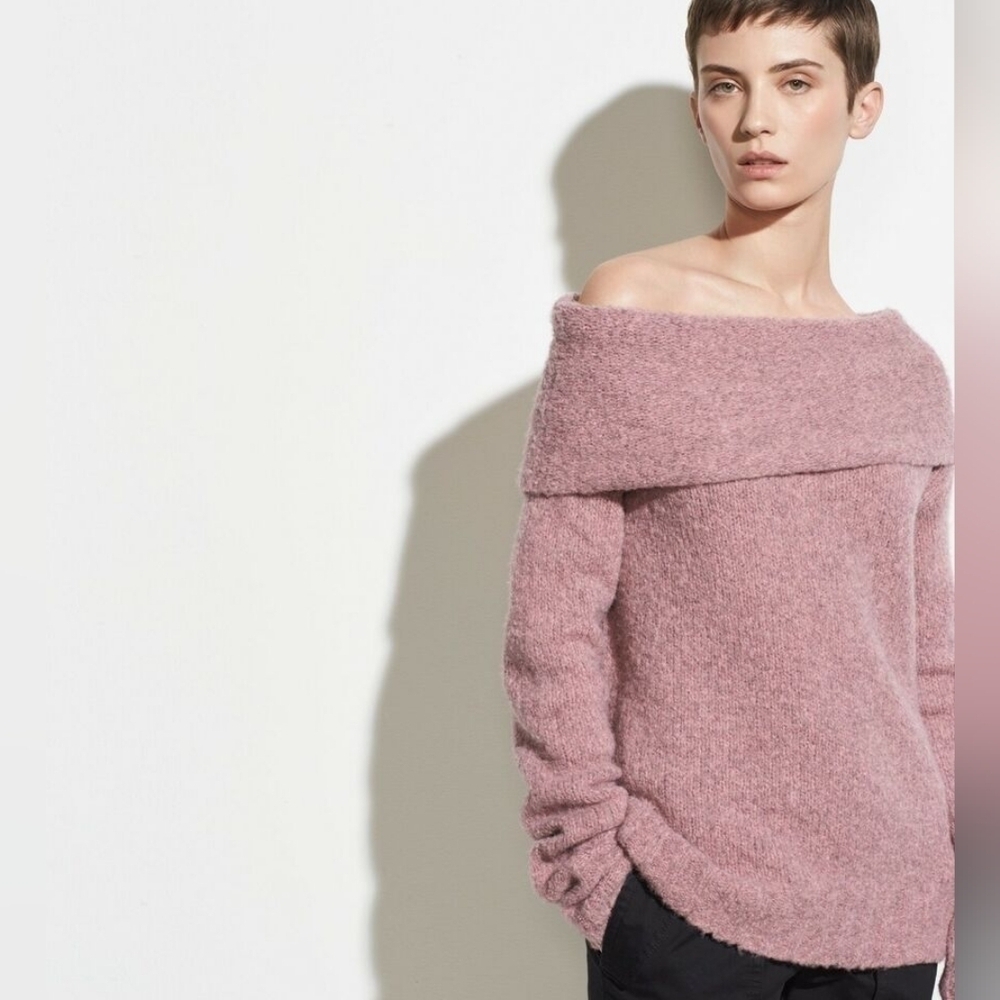Vince Pink Melange Romantic Off-The-Shoulder Alpaca Blend Sweater